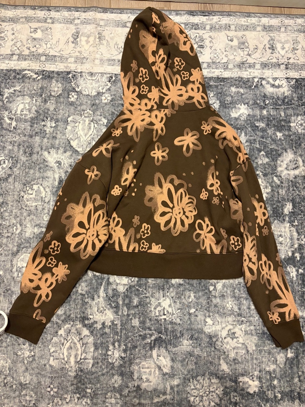 wild fable Brown Hooded Cropped Sweatshirt with Peach Floral Print - Picture 3 of 3
